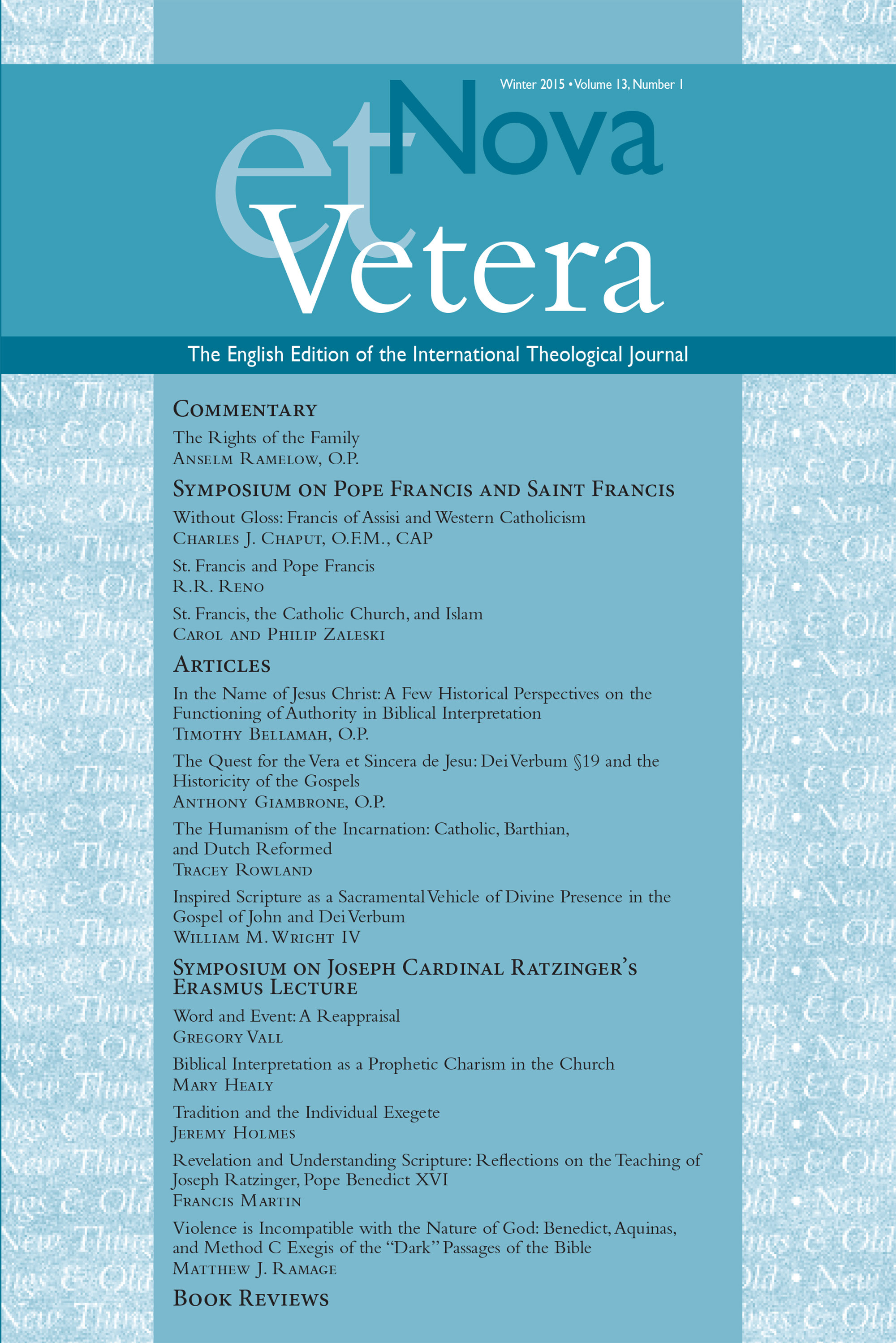 Nova et Vetera, Vol. 13, No. 1 (Winter 2015)