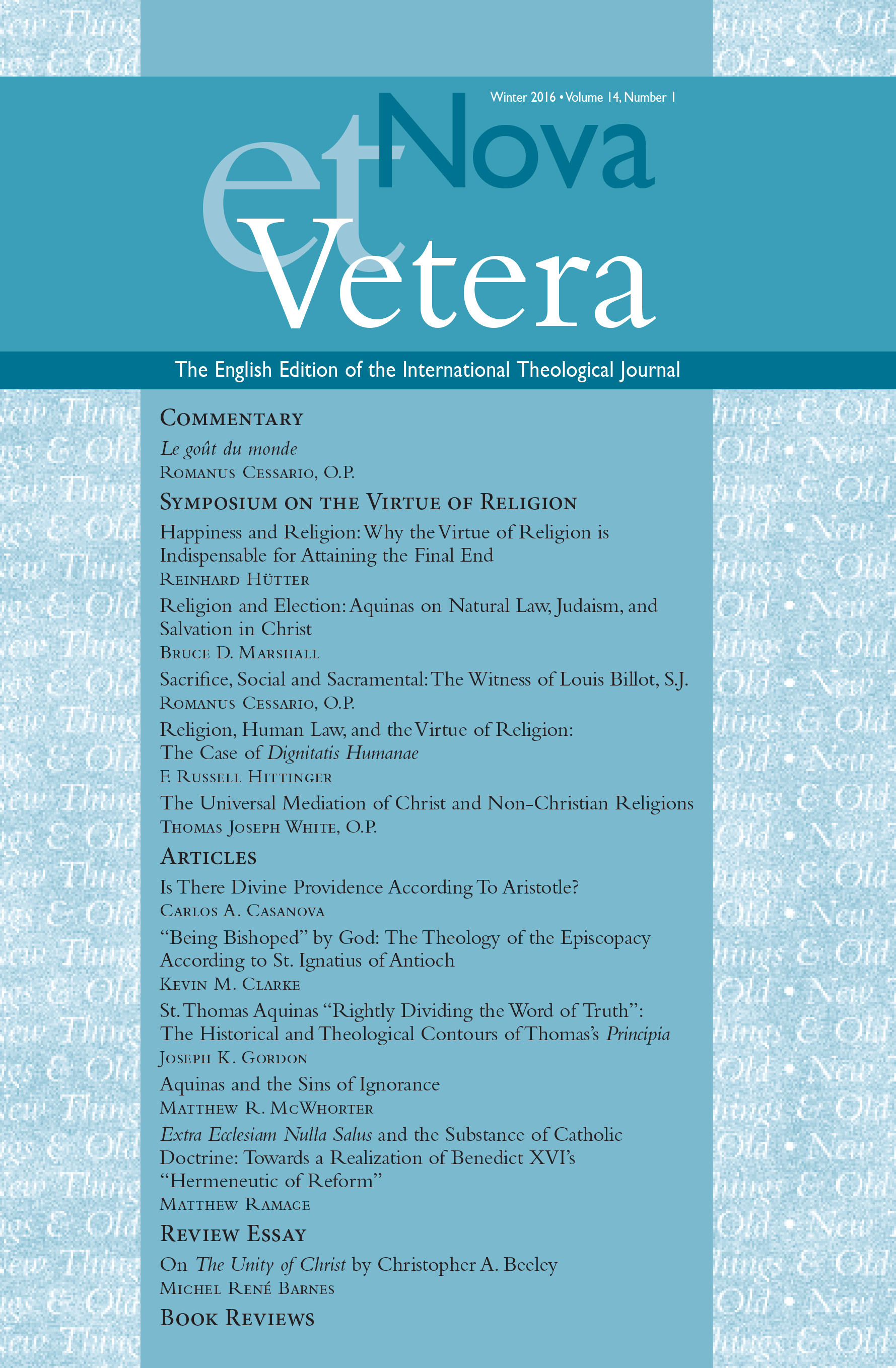 Nova et Vetera, Vol. 14, No. 1 (Winter 2016)