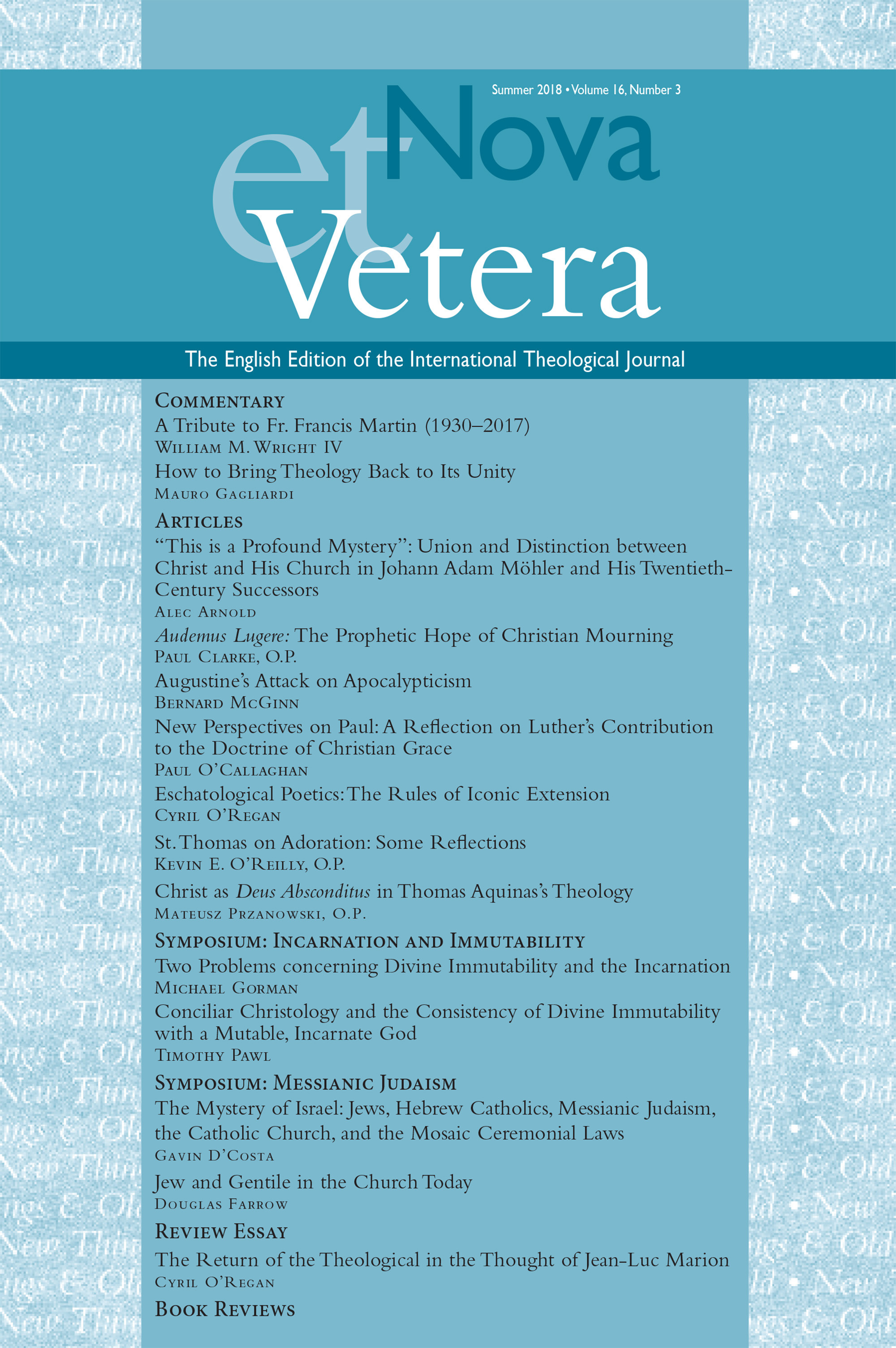 Nova et Vetera, Vol. 16, No. 3 (Summer 2018)