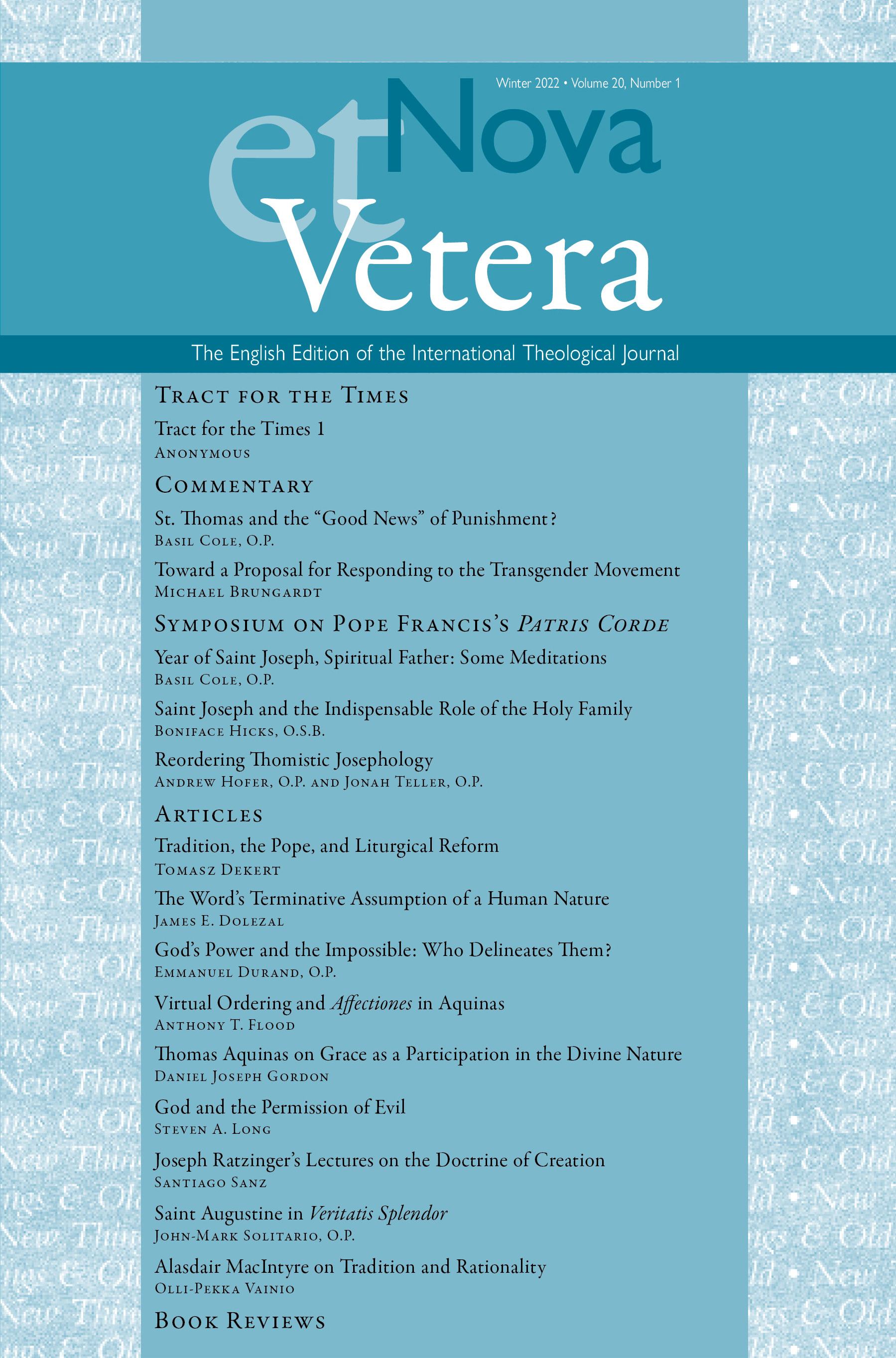 Nova et Vetera, Vol. 20, No. 1 (Winter 2022)