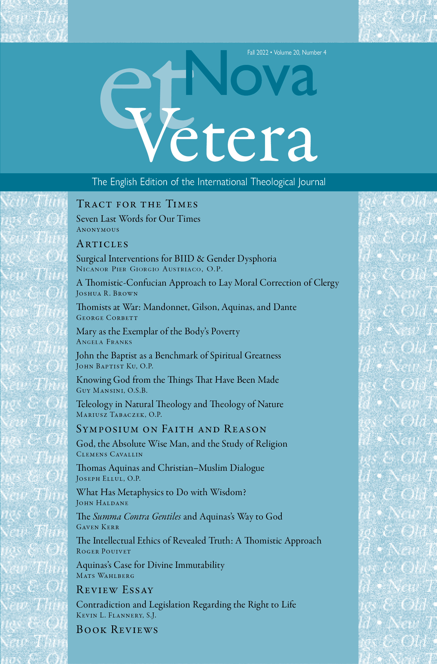 Nova et Vetera, Vol. 20, No. 4 (Fall 2022)