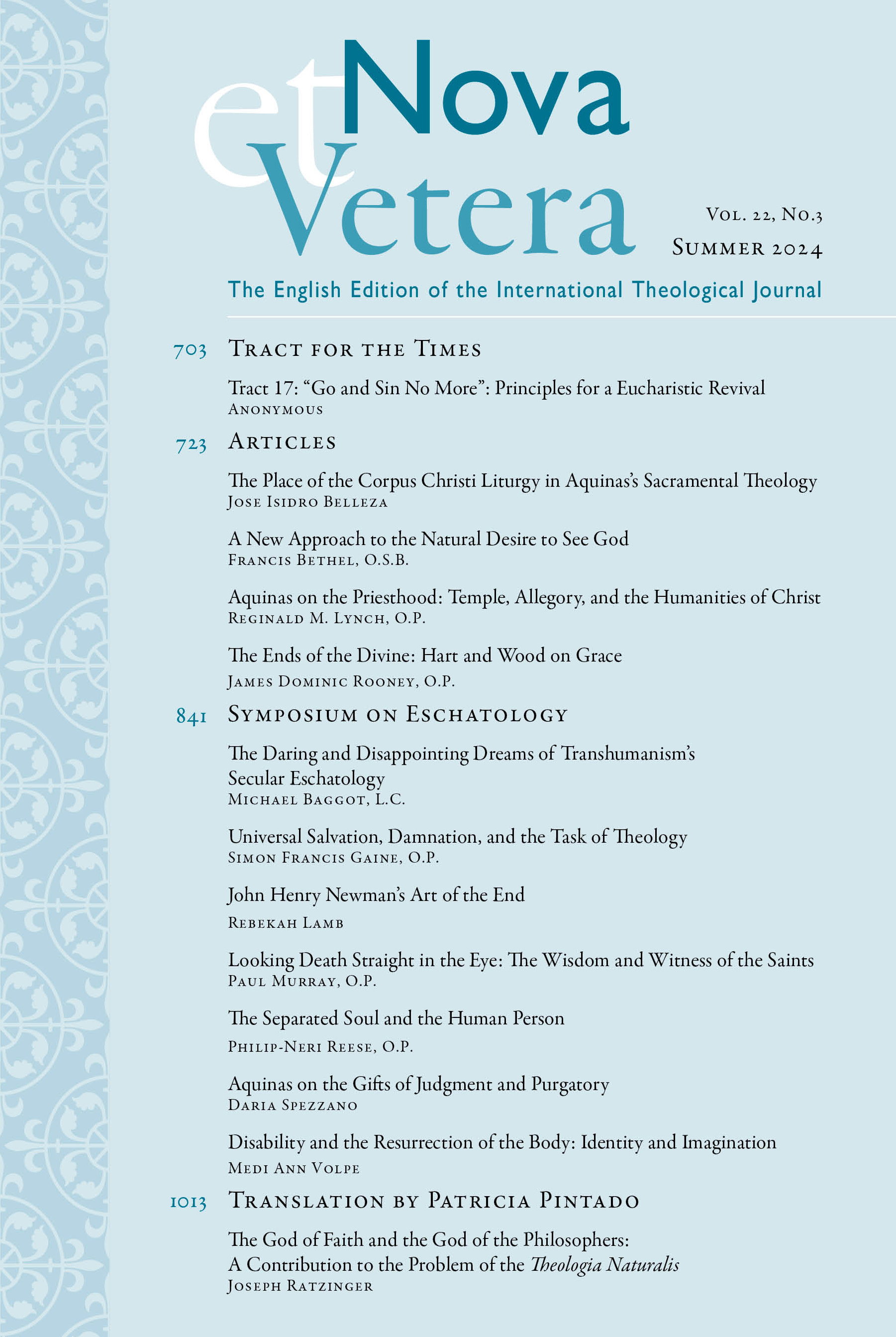 Nova et Vetera, Vol. 22, No. 3 (Summer 2024)