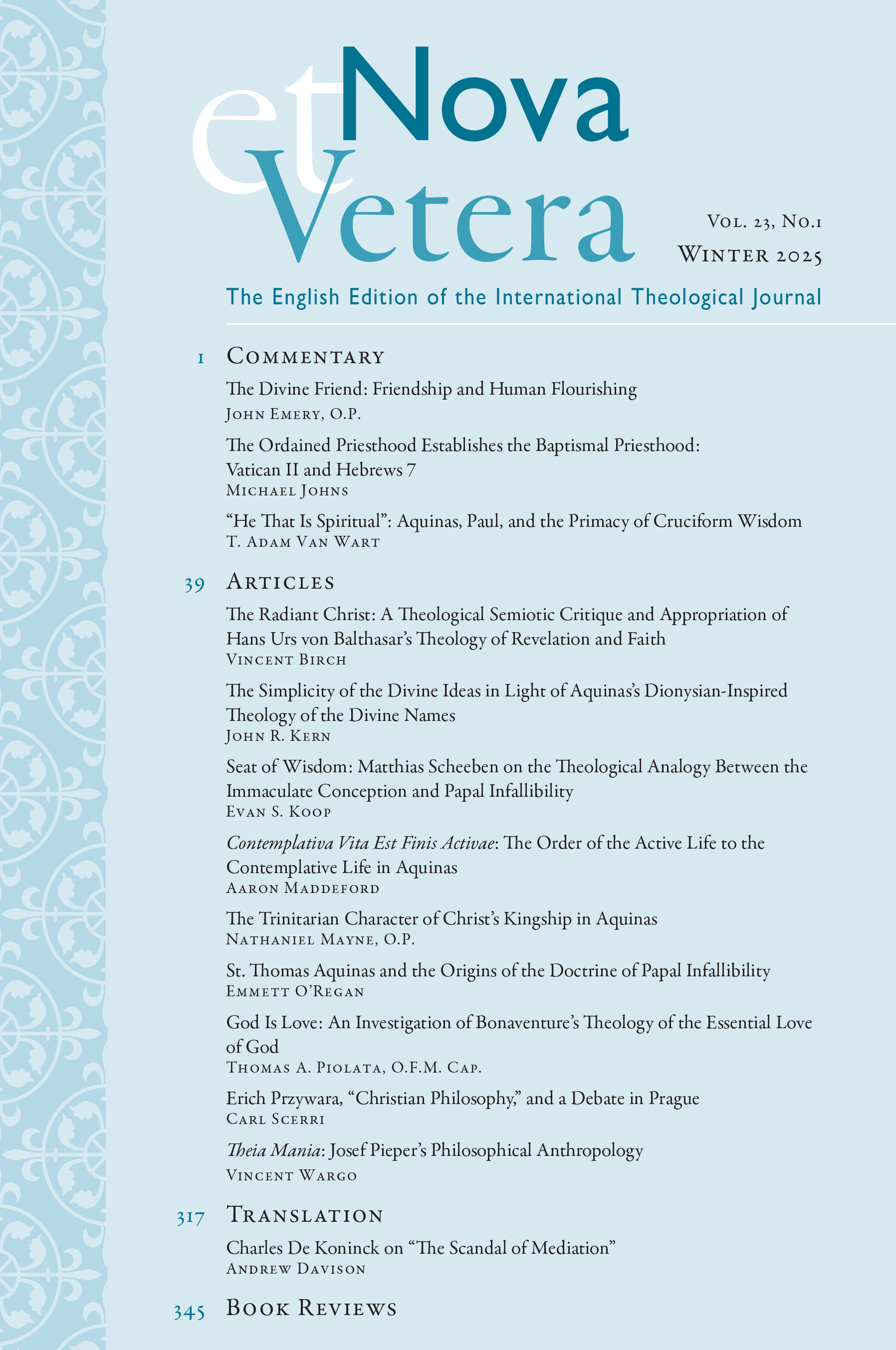 Nova et Vetera, Vol. 23, No. 1 (Winter 2025)