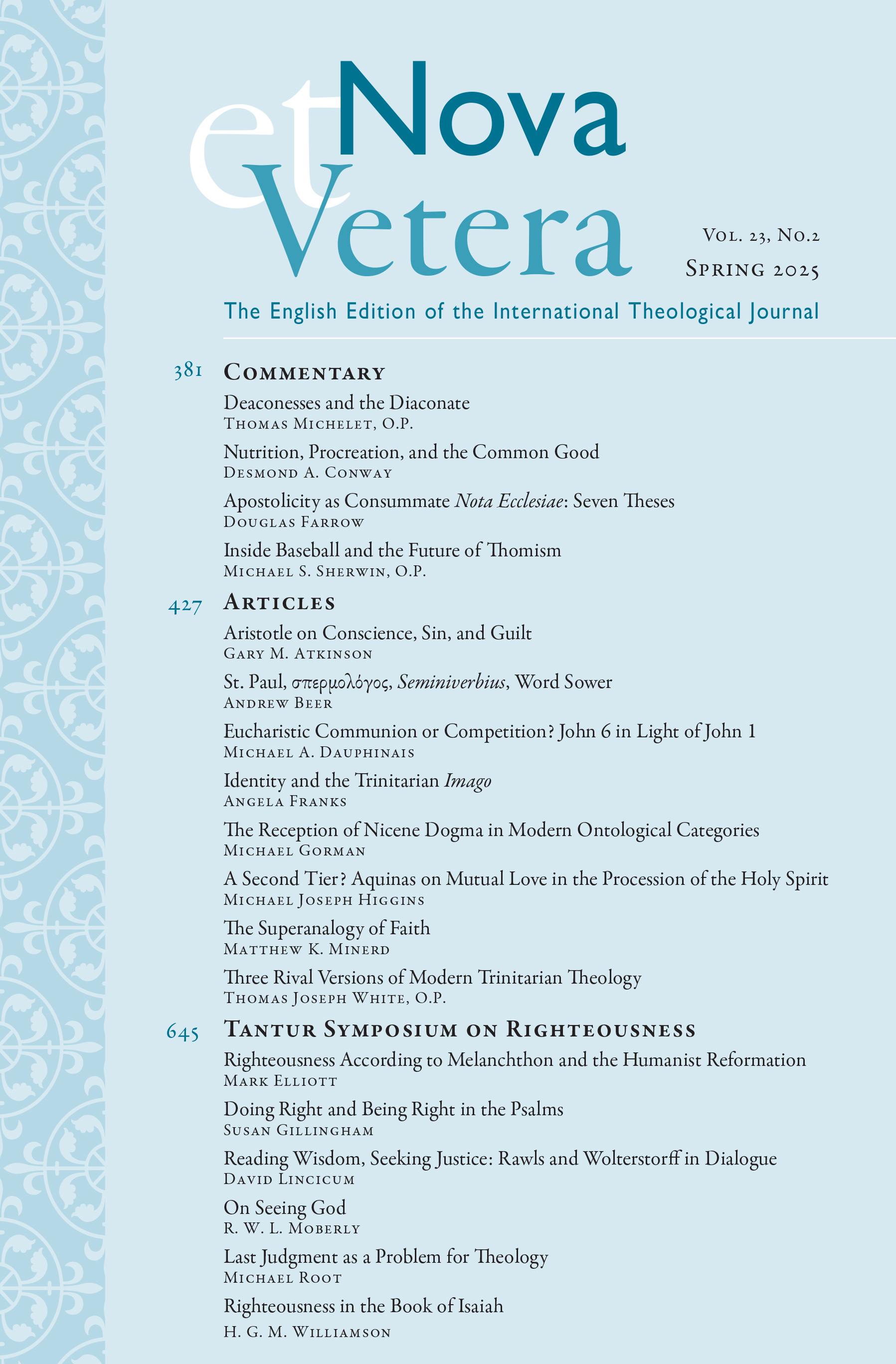 Nova et Vetera, Vol. 23, No. 2 (Spring 2025)